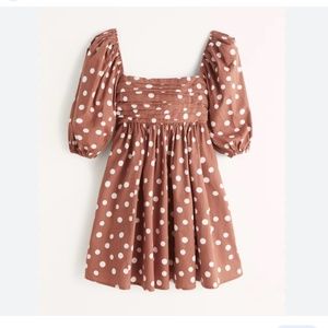 Abercrombie & Fitch Ruched Bodice Puff Sleeve Mini Dress Brown Dot